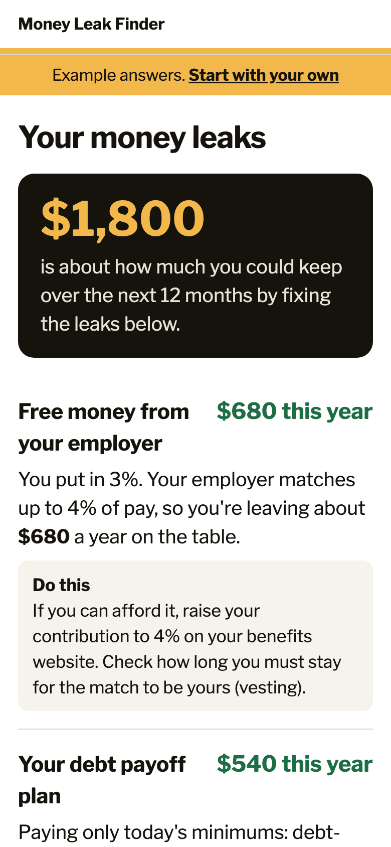 The Money Leak Finder report on a phone, showing $1,800 a family could keep over the next 12 months